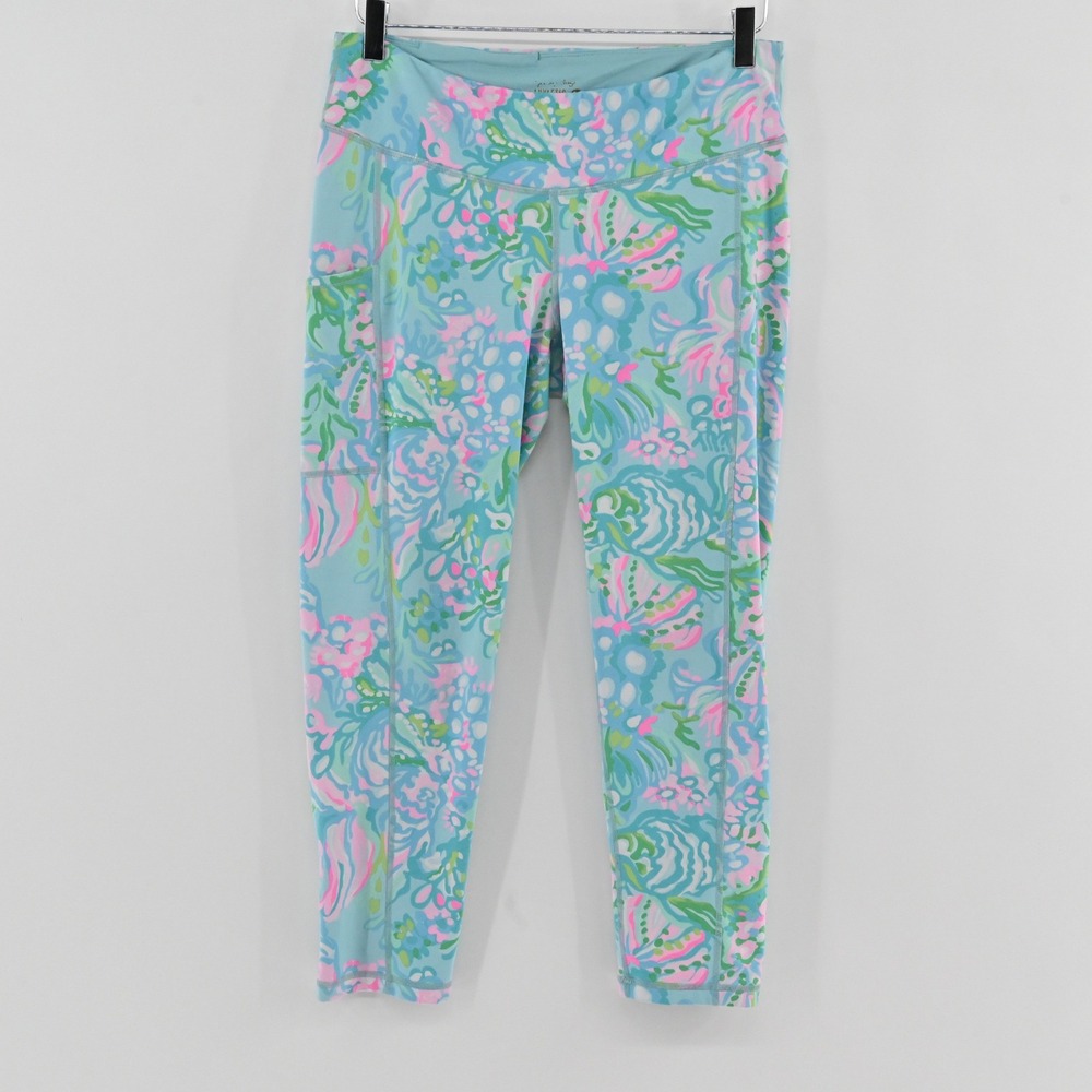 Lilly Pulitzer Luxletic Weekender Leggings Womens Size L Aqua La Vista Blue Pink